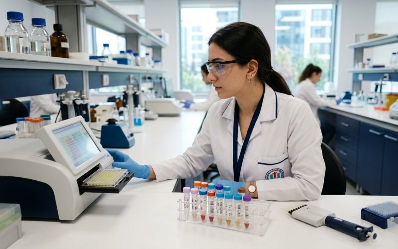 Researcher preparing sample tubes at a bench