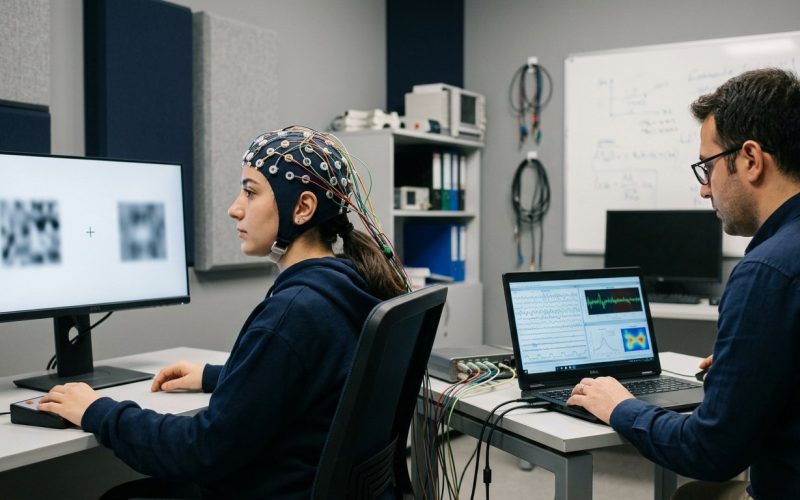 Two researchers at workstations analysing recordings