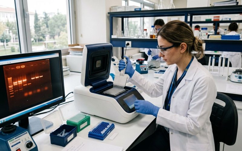 Researcher reading results on a screen beside an analyser