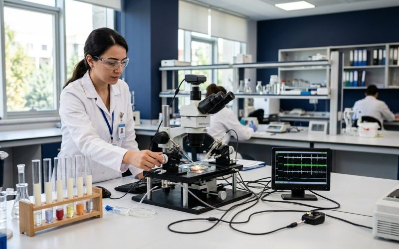 Researcher at a microscope beside a screen of recordings