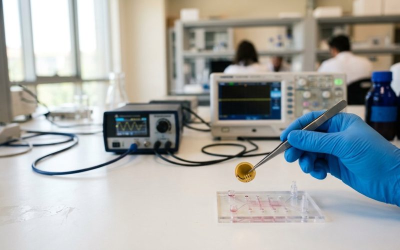 Gloved hand testing a biomaterial sample on a laboratory bench