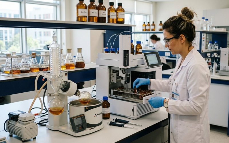 Researcher at a bench with extraction glassware