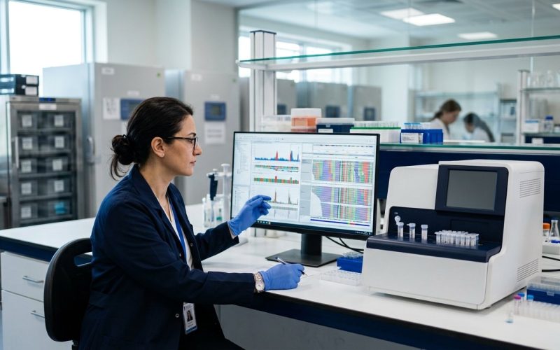 Researcher reviewing sequencing output on a screen