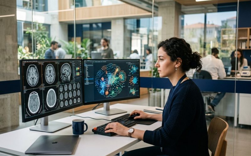 Researcher at screens showing brain scans and network graphs