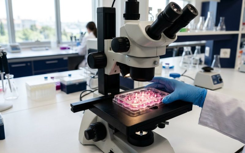 Researcher examining a pink cell culture plate under a stereo microscope