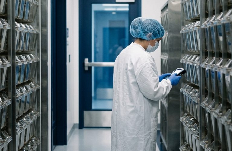 Researcher in a laboratory animal facility corridor