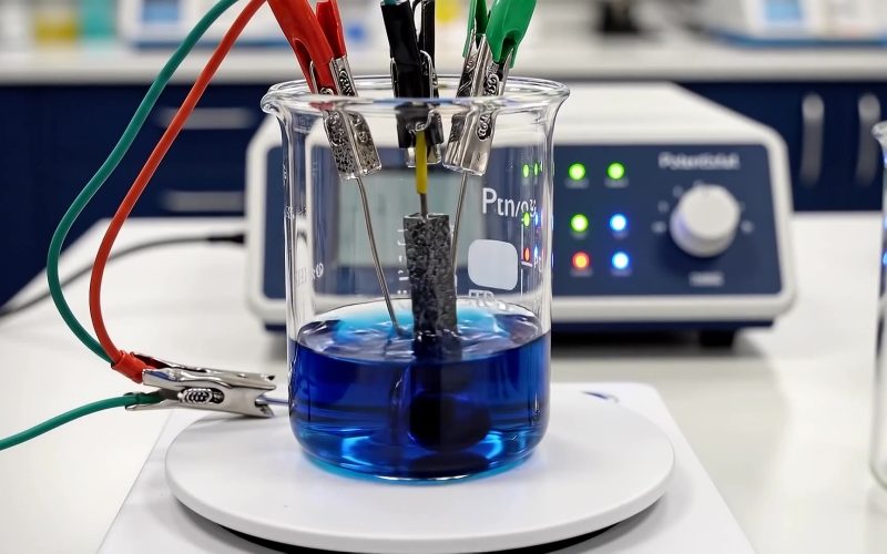 Electrochemical cell with blue solution and electrodes