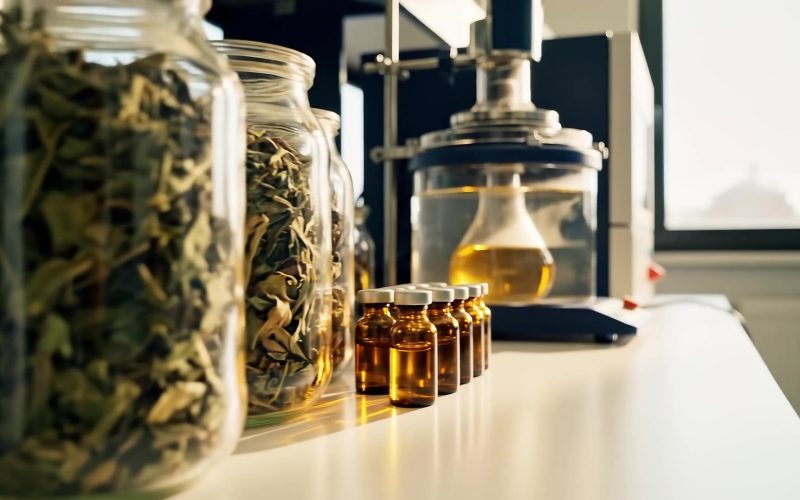 Jars of dried plant material and extraction glassware