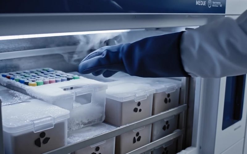 Gloved hand lifting a sample box from a cryogenic freezer