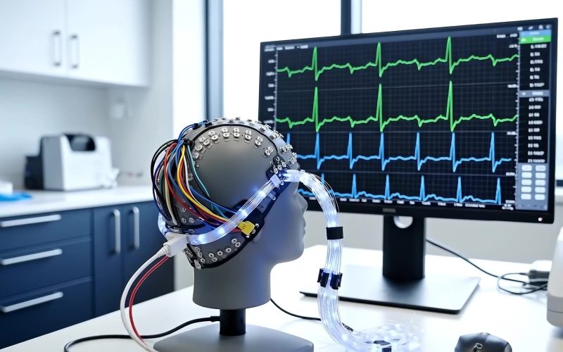 EEG electrode cap in front of a screen with brain-wave traces