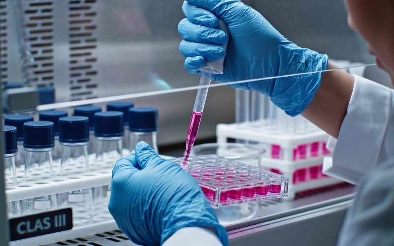 Gloved hands pipetting in a class II biosafety cabinet