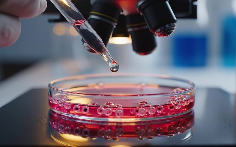 Pipette adding medium to a pink organoid culture dish
