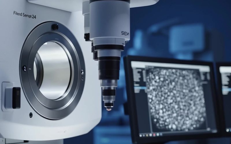 Scanning electron microscope column and a micrograph on screen