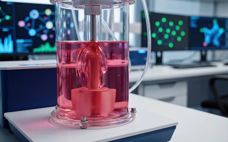 Bioreactor vessel with pink medium beside data screens